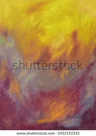 Abstract background or backdrop. Hot or warm red, crimson, orange yellow and purple colours. Blended mixed, smeared and spread. Hand painted on canvas. Illustrates fierce heat or fire.