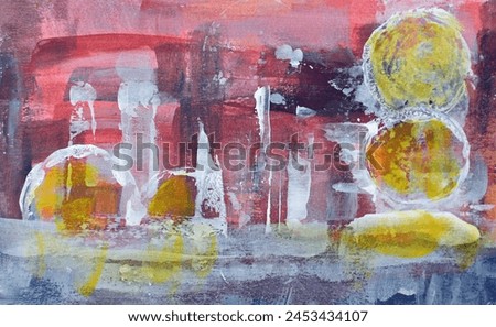 Abstract background or backdrop. Splashes, drips and smears of acrylic paint and emulsion on paper. Red yellow and blue grey. Futuristic and alien like science fiction contemporary and modern