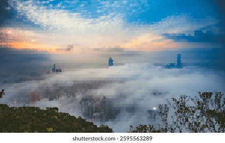 Abstract background with block-like structures peering through a glass-like fog layer under a vibrant sky.