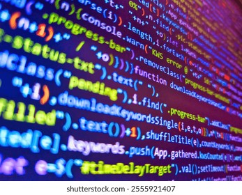 Abstract background of digital binary code of software. Software development pattern. Web development code on screen. Binary code superimposed on a circuit board. Encrypted data. Coding concept.