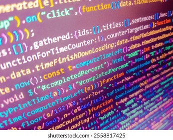 Abstract background of digital binary code of software. Glow of neon lights on an empty concert stage. Empty dark abstract background. Can be used as background and banner. Seamless  pattern.