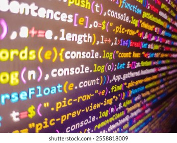 Abstract background of digital binary code of software. Computer code development. Lines of code of a software with several colors. Orange text. Love multilingual word. Computer virus concept.