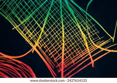 Abstract background, drawn 3d lines, checkered colorful patterns on a black background