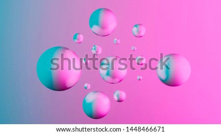 Abstract background with dynamic 3d spheres floating in space, Pastel pink and blue colors, Modern trendy banner or poster design, 3D render illustration, dimensional geometric shapes