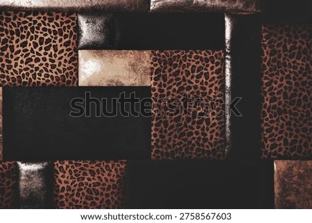 An abstract background features various rectangular panels. Leopard print mixes with dark, possibly leather, and distressed metallic gold textures.
