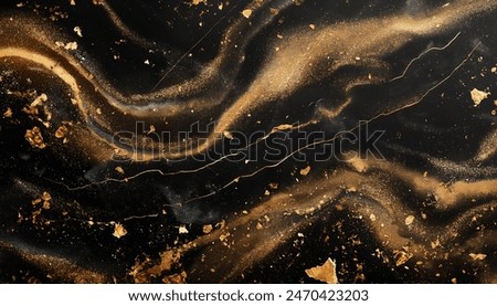 An abstract background featuring black and gold with a wave marble effect flowing in black background.