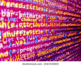 An abstract background featuring glowing neon lights and binary code, evoking a sense of futuristic technology and data transfer. Source code programming concept. Fragment of a sequin fabric.