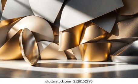 an abstract background featuring overlapping geometric shapes in metallic tones, casting soft reflections and subtle shadows