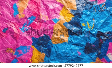 An abstract background featuring a wrinkled texture with a vibrant mix of pink, blue, and yellow hues creating a visually dynamic and textured surface.
