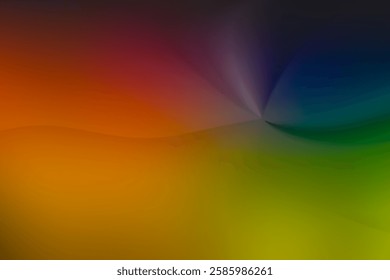 abstract background, fluid gradient layered 3d wave shape. horizontal line red, orange, dynamic 3d shape in upper right corner purple lilac, blue, green, copy space