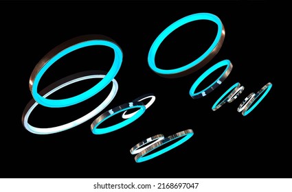 Abstract Background, Flying Rings Of Blue And White With A Metal Edge On A Black Background