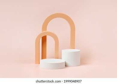 Abstract background with geometric forms and podiums in pastel color for product presentation. Podium and arch  to show cosmetic products. - Shutterstock ID 1999048907