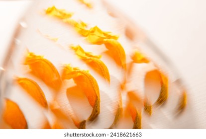 Abstract background of glass reflection of yellow color tulip petals. Macro detail. Floral art picture. Backdrop of invitation postcard. Photoart abstraction. Unusual plant texture. Blurred effect.