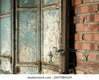 abstract background of a horizontal rolldown shutter painted in a faded, distressed light blue or greenish-blue color, showing prominent rib patterns and wear