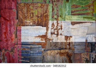 An abstract background image of the flag of United Arab Emirates painted on to rusty corrugated iron sheets overlapping to form a wall or fence.