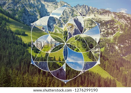 Abstract background with the image of the mountains, forest and meadow. Harmony, spirituality, unity of nature. Collage, mosaic with sacred geometry.