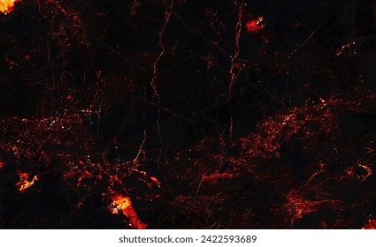 Abstract background of lava with red gaps. Dark orange mountains with lava