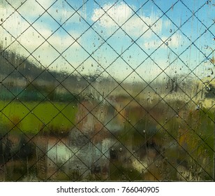 Abstract Background : Looking Through A Frosted Window, Blur View Of Countryside Outside - Sunny Blue Sky Day, Green Field And Mountain.