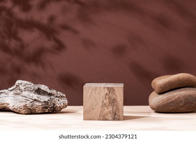 Abstract background from natural materials stone, tree for the presentation of a cosmetic product. Sun shade made of tropical leaves cosmetic wooden beauty display case - Shutterstock ID 2304379121