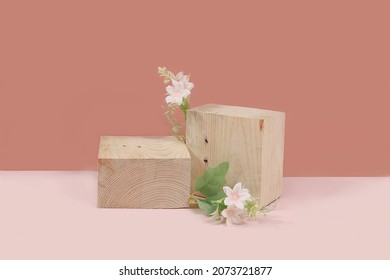 Abstract Background With Natural Wood Podiums, Empty Showcase For Advertising Or Presentation Of Cosmetic Products, Scene With Geometric Shapes With Place For Text, Minimal Ecological Concept