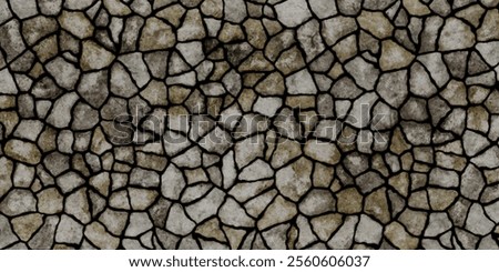 Abstract background with pattern of irregularly shaped stones arranged in a mosaic-like fashion. The stones are of various sizes and shades of gray and brown, with dark lines separating each stone