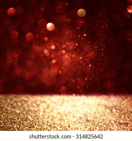 Abstract Background Of Red And Gold Glitter Bokeh Lights, Defocused