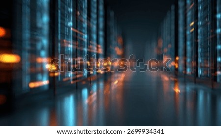 Abstract background of server racks with orange and blue lights reflecting in the floor for a futuristic feeling.