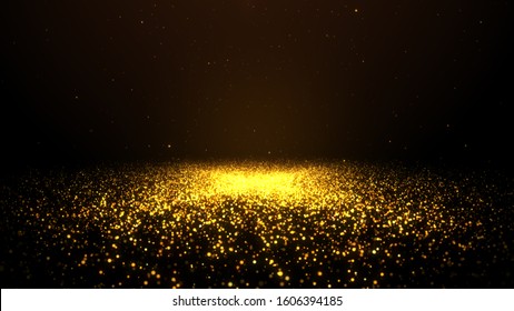 Abstract background shining golden floor ground particles stars dust. Futuristic glittering in space on black background.