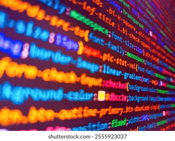 Abstract background texture of colored constructor blocks. Application source code background. Pixelated data stream on digital interface with binary code, encryption concept, and glowing dots.