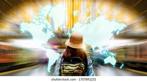 Abstract Background Of Travel Technology. Tourism Industry Digital Transformation Innovation To Virtual Augmented Reality For Futuristic Holiday Journey On Coronavirus Quarantine Furnished By NASA Map