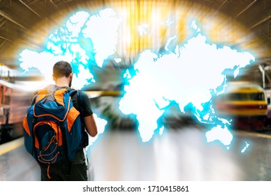 Abstract Background Of Travel Technology. Tourism Industry Digital Transformation Innovation To Virtual Augmented Reality For Futuristic Holiday Journey On Coronavirus Quarantine Furnished By NASA Map