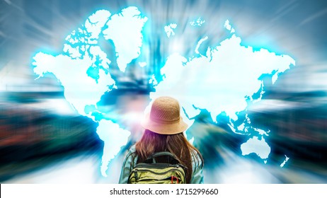 Abstract Background Of Travel Technology. Tourism Industry Digital Transformation Innovation To Virtual Augmented Reality For Futuristic Holiday Journey On Coronavirus Quarantine Furnished By NASA Map