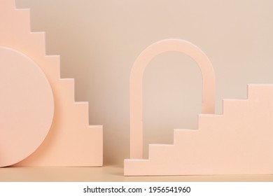 Abstract background trendy composition with geometric shapes forms podium, platform on pastel beige background - Shutterstock ID 1956541960