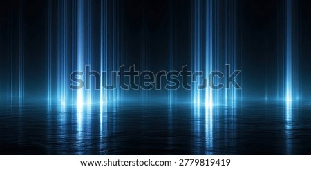 Abstract background with vertical blue light streaks and reflections on a dark, glossy surface.