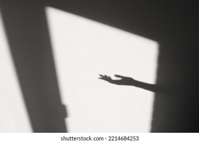 Abstract background with window shadow and geometric lines on a gray wall. Reflection of a human hand, a template with a gesture.