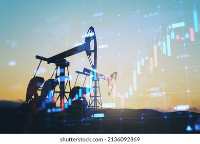 Abstract backlit oil pumping equipment on sky background with glowing growing candlestick forex chart. Trade, finance and economy concept. Double exposure