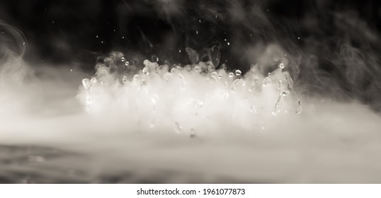 Abstract BANNER. Real Mystic smoke cloud with water drops blast, steam fly motion, dark background. Chemical experiment, aromatherapy, burn drink vapor paranormal fog. Contrast tone. More colour stock