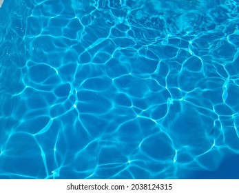 Abstract Beautiful Ripple Wave And Clear Turquoise Water Surface In Swimming Pool For Background And Abstract. Clear Blue Sparkling Pool Water.