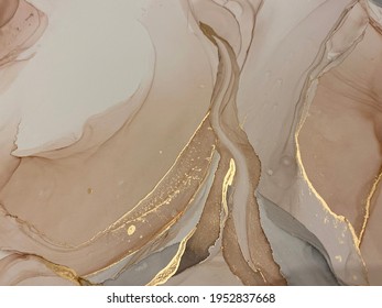 Abstract beige art with gold — pink background with brown, beautiful smudges and stains made with alcohol ink and golden pigment. Beige fluid art texture resembles petals, watercolor or aquarelle. - Shutterstock ID 1952837668