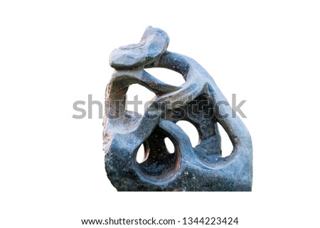 Abstract of big granite ,marble rock stone with holes in the garden zen japan style .Decorative Sculpture rock aged stone isolated on white background.Texture and background decoration at home concept