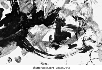 Abstract black acrylic paint brush isolated on white background, top view.