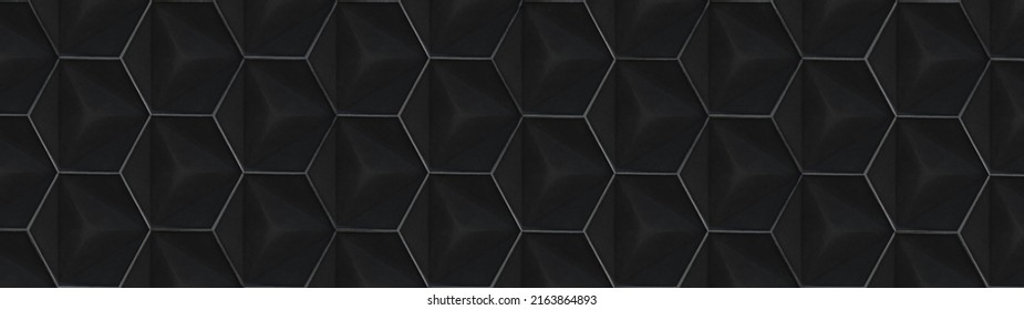 Abstract black anthracite seamless cement ceramic porcelain stone mosaic 3D tiles, tile mirror wall made of hexagonal geometric hexagon motif print texture background banner panorama