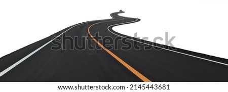 Abstract black asphalt winding Road transport going to the distance with yellow line drawing separated two way of forward and backward, isolated on white background.  This has clipping path.