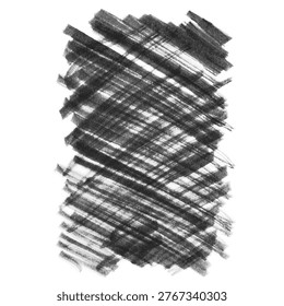 Abstract black chalk scribble strokes forming dense layered texture, isolated on white background