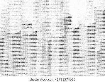 Abstract black halftone pattern of stacked square bars forming a jagged horizontal city skyline silhouette across white paper, with vintage newsprint dots and subtle grain.
