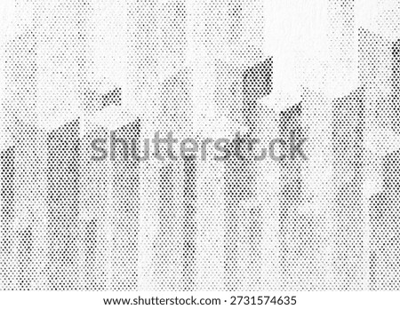 Abstract black halftone pattern of stacked square bars forming a jagged horizontal city skyline silhouette across white paper, with vintage newsprint dots and subtle grain.