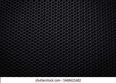 Abstract Black Metallic Mesh Texture Pattern For Background. Industrial Backdrop. The Speaker Of A Musical Column. Copy Space.