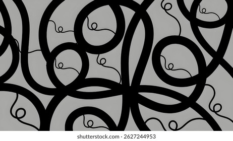 An abstract black swirl and loop pattern on a light gray background, featuring thick curved lines intertwined with thin curly tendrils, creating a dynamic and decorative visual flow.