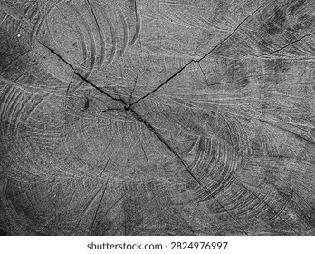 Abstract Black and White Close Up of Tree Trunk Cross Section with Natural Wood Patterns