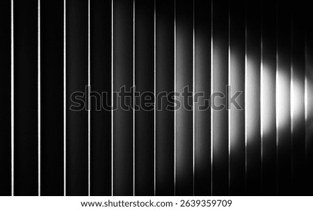 An abstract black and white image of parallel vertical lines, possibly blinds or architectural fins, creating a strong sense of rhythm and shadow play. The stark contrast and repetition offer a modern